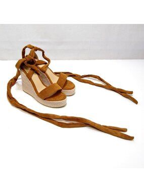 Tan Suede Espadrille Sz 7 Wedge Sandal Sexy Lace-up Ankle Strap Braided Platform